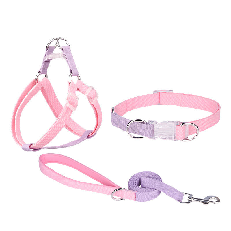 JMT-586954 Three-Piece Polyester Ribbon Dog Collar Set with Adjustable Leash and Harness - Multiple Color Options Available