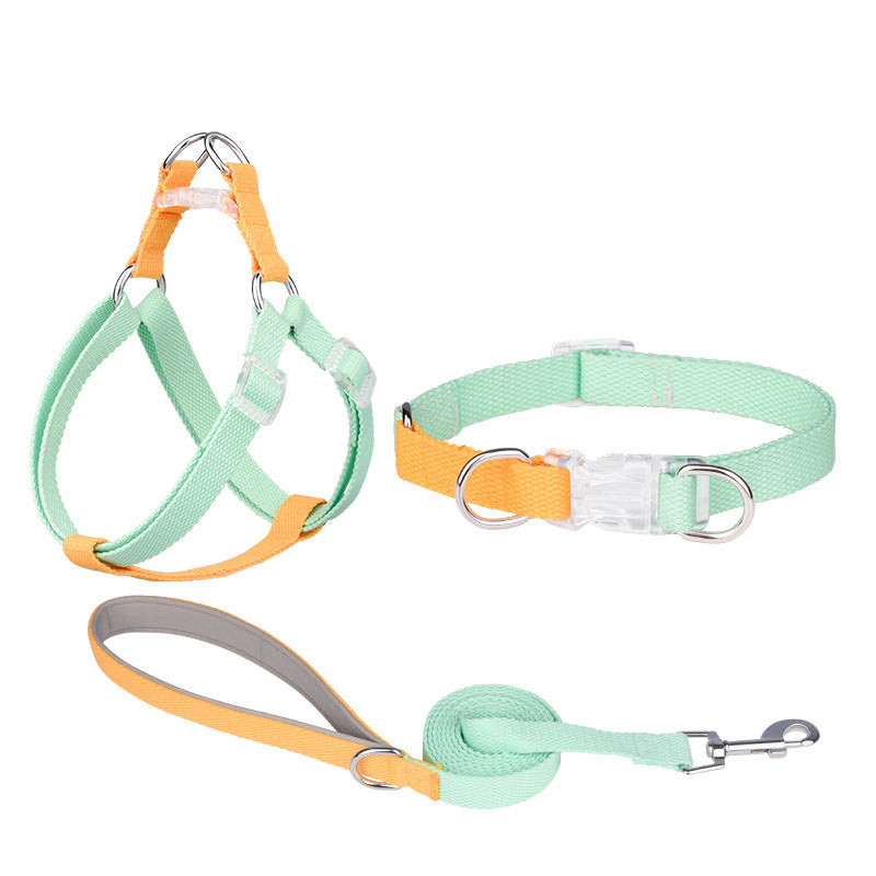JMT-586954 Three-Piece Polyester Ribbon Dog Collar Set with Adjustable Leash and Harness - Multiple Color Options Available