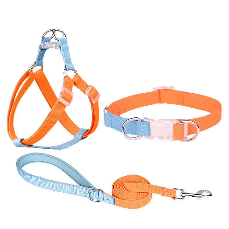 JMT-586954 Three-Piece Polyester Ribbon Dog Collar Set with Adjustable Leash and Harness - Multiple Color Options Available