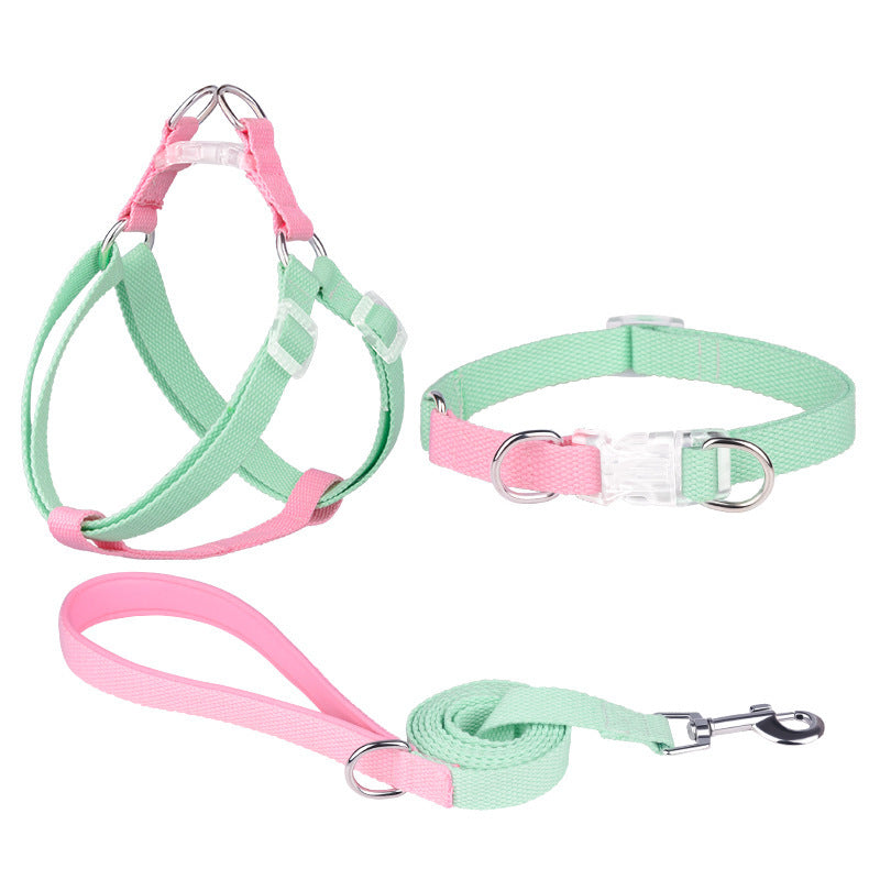JMT-586954 Three-Piece Polyester Ribbon Dog Collar Set with Adjustable Leash and Harness - Multiple Color Options Available