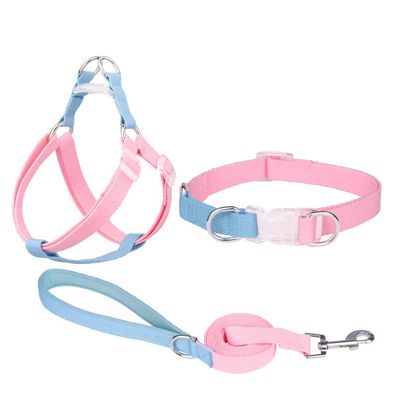 JMT-586954 Three-Piece Polyester Ribbon Dog Collar Set with Adjustable Leash and Harness - Multiple Color Options Available