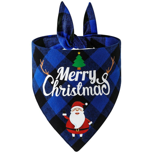 JMT-587082 Cotton Plaid Pet Triangle Scarf with Christmas Designs - Santa Claus & Snowman, Size L