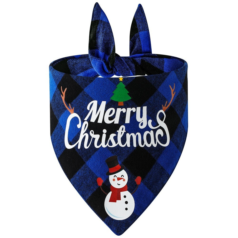 JMT-587082 Cotton Plaid Pet Triangle Scarf with Christmas Designs - Santa Claus & Snowman, Size L