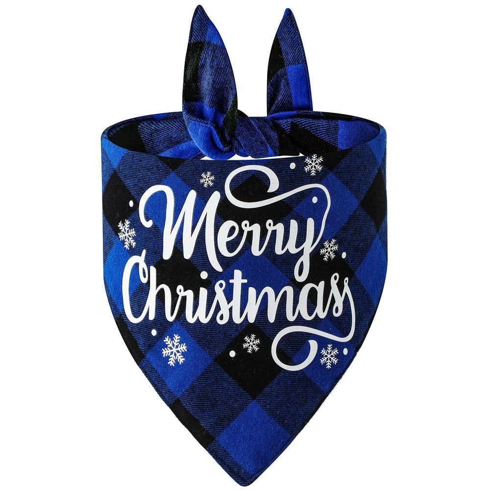 JMT-587082 Cotton Plaid Pet Triangle Scarf with Christmas Designs - Santa Claus & Snowman, Size L