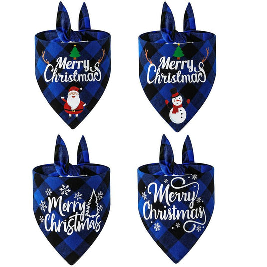 JMT-587082 Cotton Plaid Pet Triangle Scarf with Christmas Designs - Santa Claus & Snowman, Size L