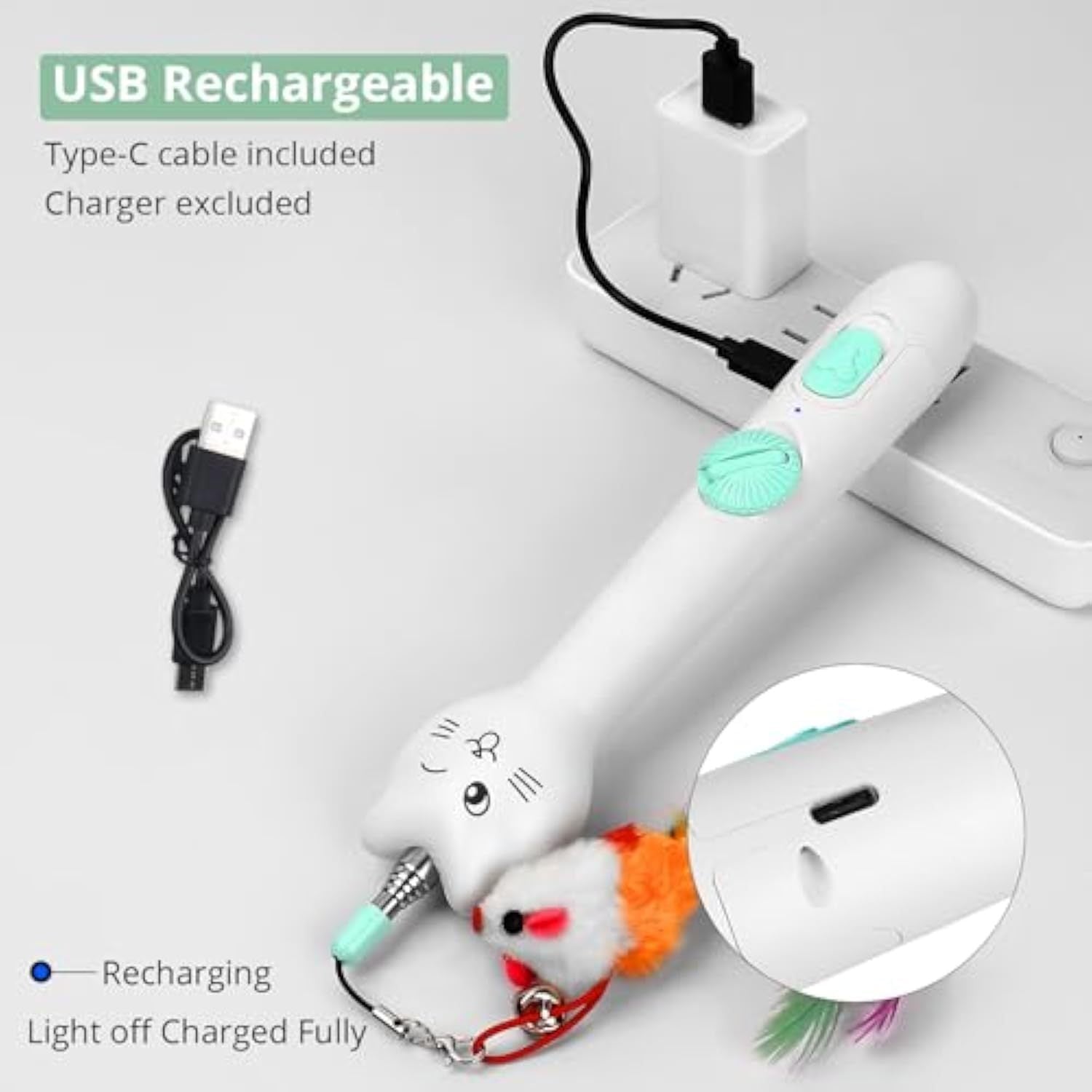 JMT-587914 Interactive Rechargeable Laser Pointer Cat Wand with Feather Toy - 2-in-1 Fun for Indoor Cats and Kittens