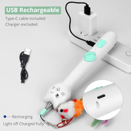 JMT-587914 Interactive Rechargeable Laser Pointer Cat Wand with Feather Toy - 2-in-1 Fun for Indoor Cats and Kittens