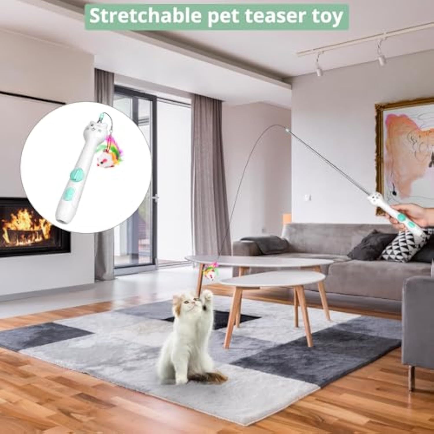 JMT-587914 Interactive Rechargeable Laser Pointer Cat Wand with Feather Toy - 2-in-1 Fun for Indoor Cats and Kittens