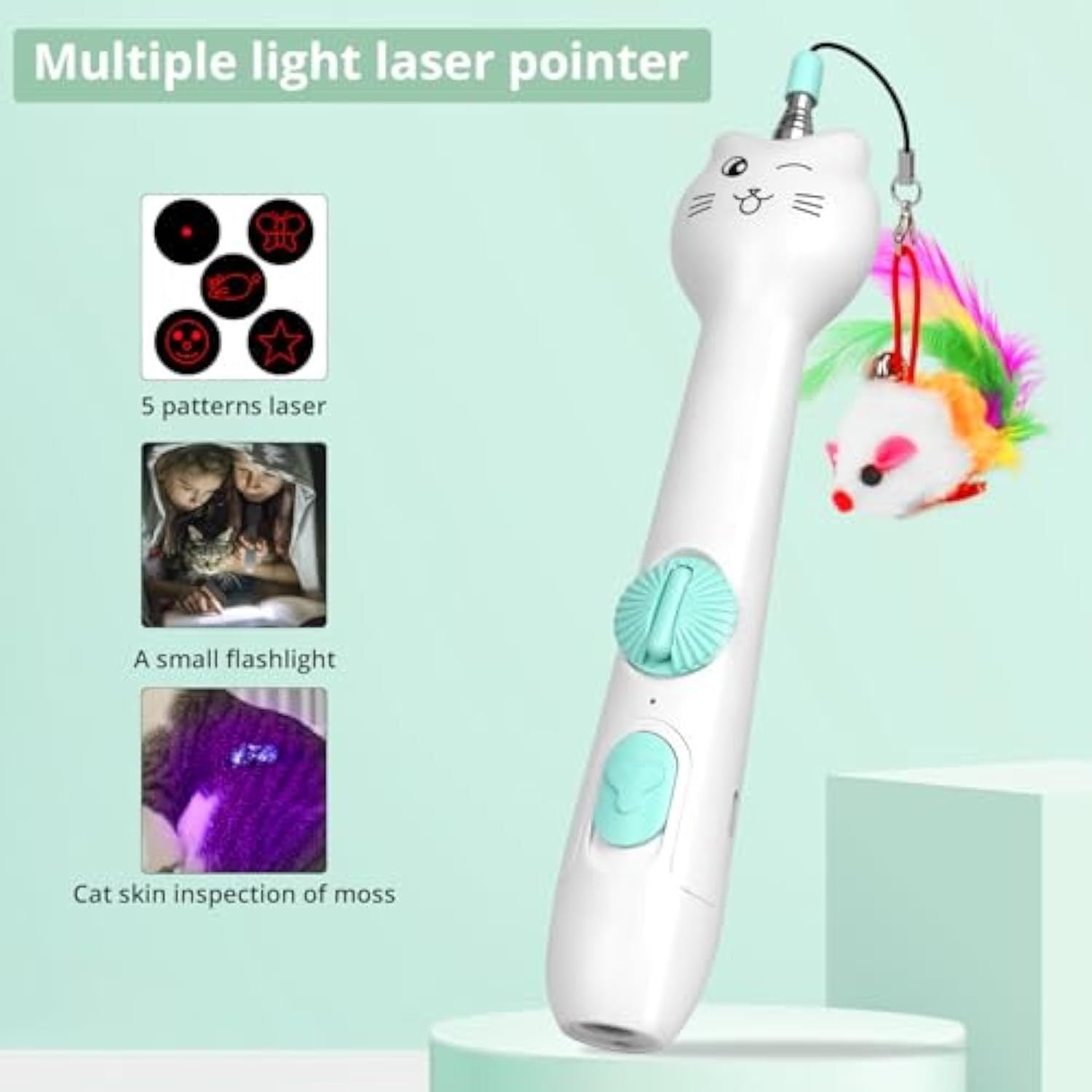 JMT-587914 Interactive Rechargeable Laser Pointer Cat Wand with Feather Toy - 2-in-1 Fun for Indoor Cats and Kittens