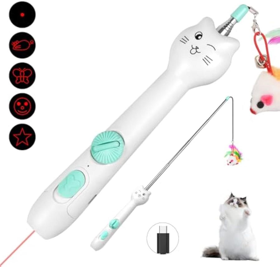 JMT-587914 Interactive Rechargeable Laser Pointer Cat Wand with Feather Toy - 2-in-1 Fun for Indoor Cats and Kittens