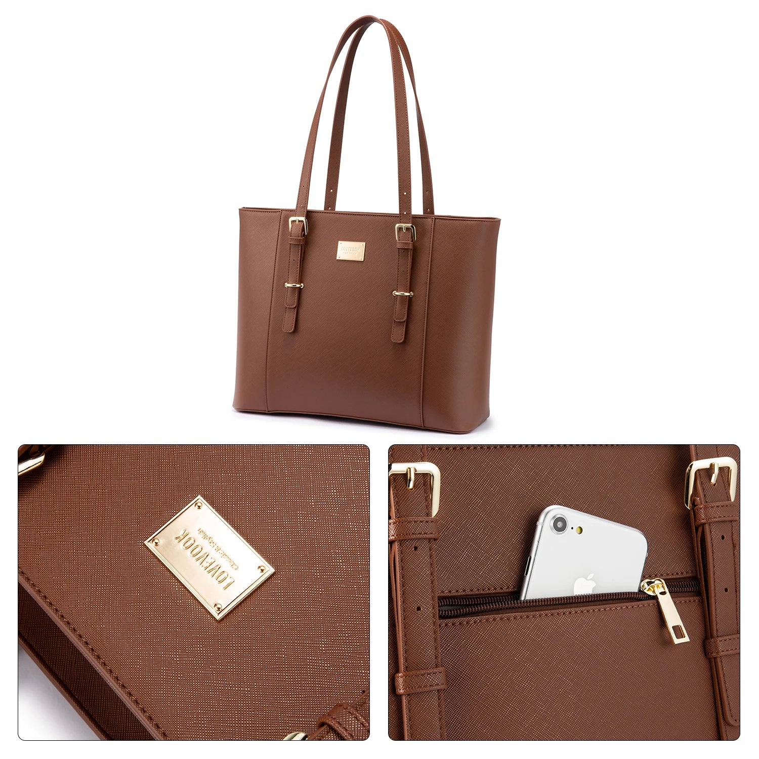 JMT-589642 Large Leather Laptop Tote Bag for Women - Casual Office Briefcase with Shoulder Strap