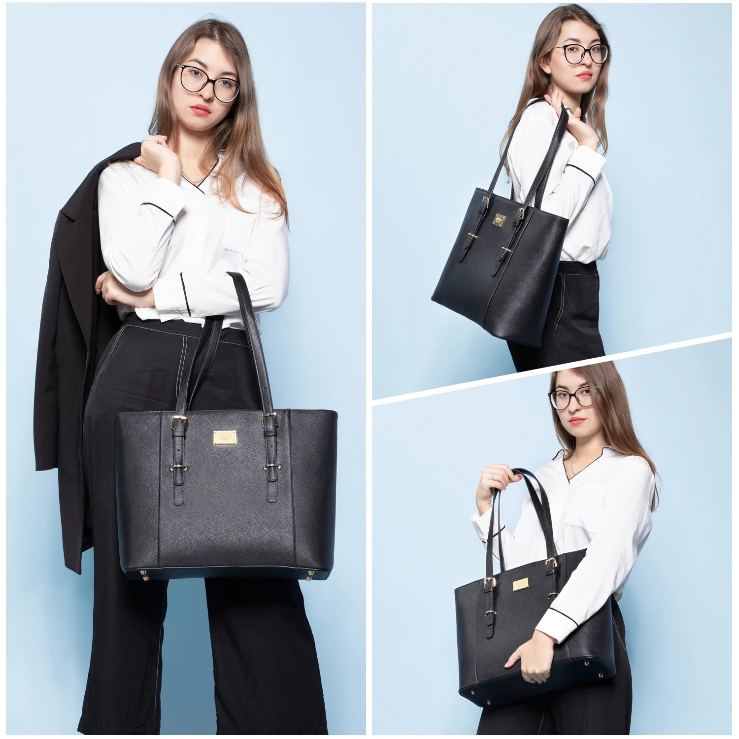 JMT-589642 Large Leather Laptop Tote Bag for Women - Casual Office Briefcase with Shoulder Strap