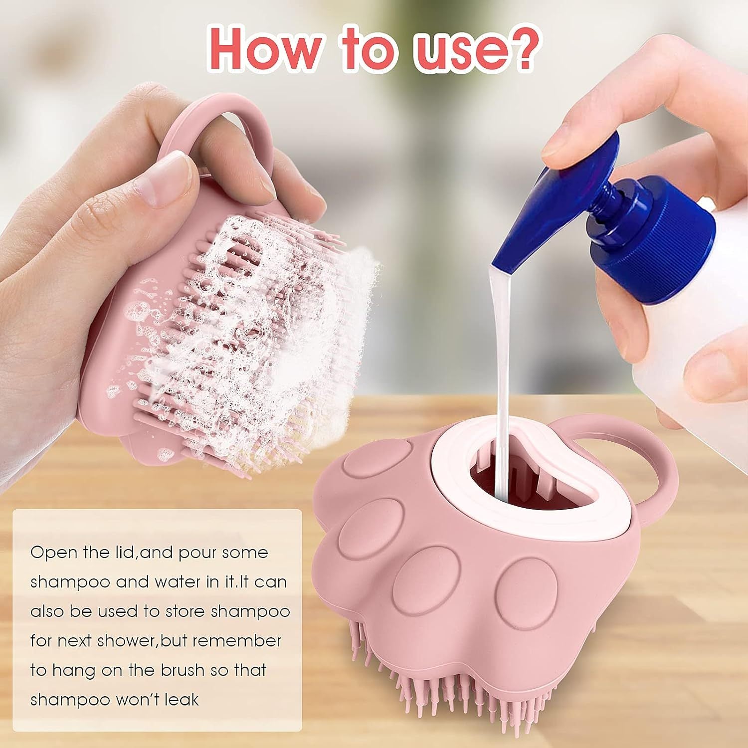 JMT-590154 Silicone Pet Grooming Brush with Shampoo Dispenser for Dogs and Cats - Fur Cleaning and Massage Tool