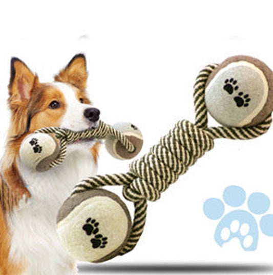 JMT-590218 Pet Chew Toy Dumbbell Rope with Tennis Ball for Teeth Cleaning and Oral Health