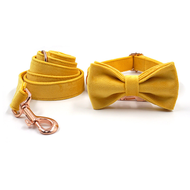 JMT-590410 Turmeric Velvet Dog Collar and Leash Set with Rose Gold Buckle and Decorative Bow