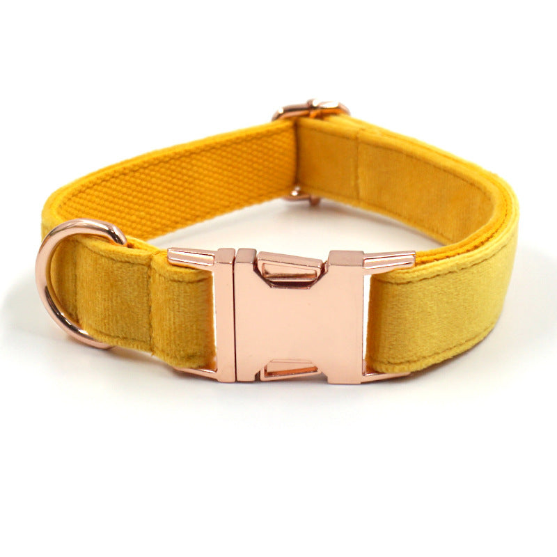 JMT-590410 Turmeric Velvet Dog Collar and Leash Set with Rose Gold Buckle and Decorative Bow