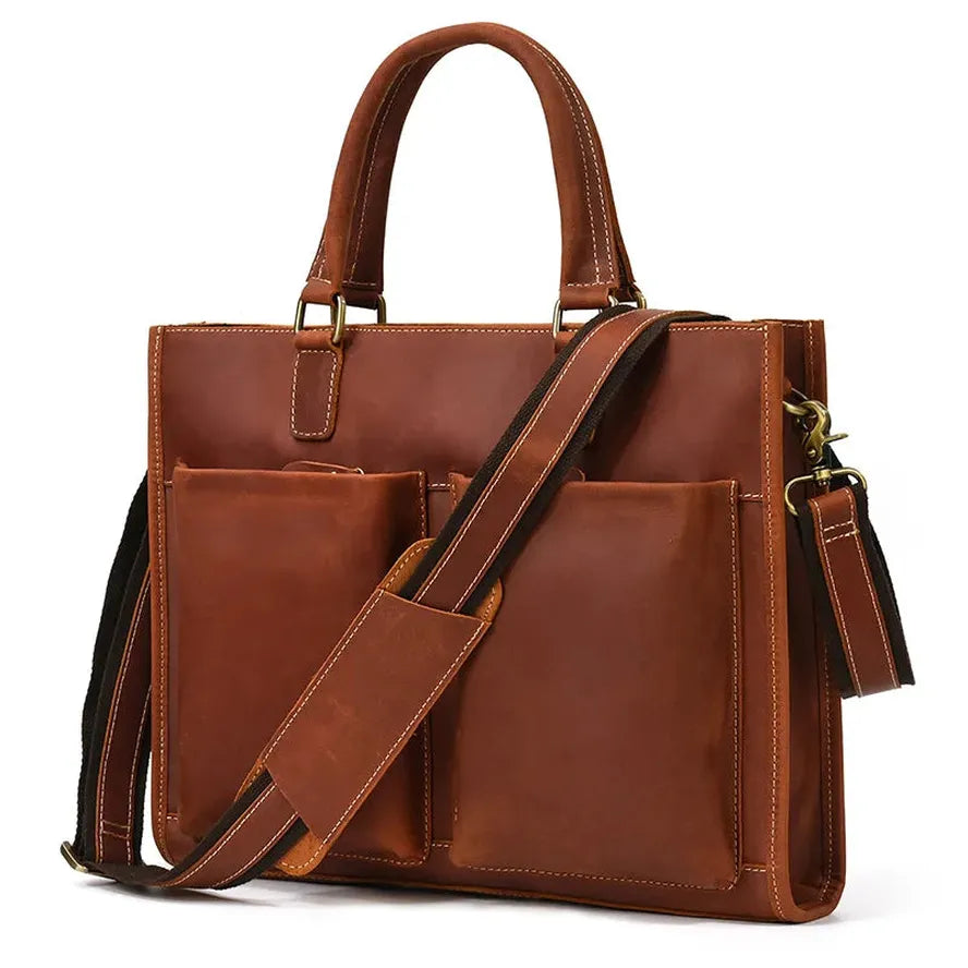 JMT-595274 Men’s Retro Briefcase for 14" Laptop in Waxed Canvas and Crazy Horse Leather