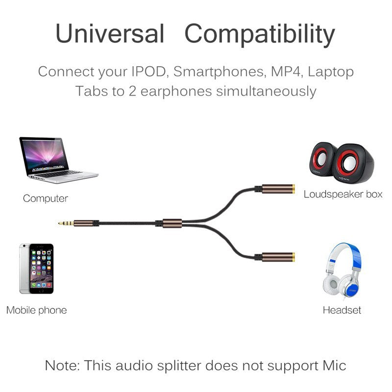 JMT-595850 3.5mm Audio Splitter Cable for Dual Headphones - Universal Y Splitter for Sharing Music