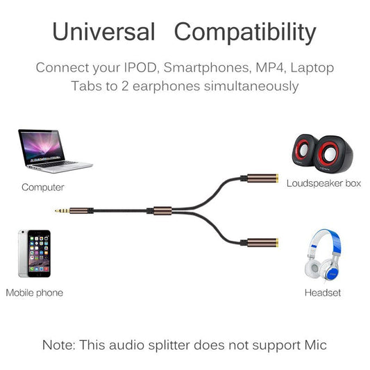 JMT-595850 3.5mm Audio Splitter Cable for Dual Headphones - Universal Y Splitter for Sharing Music