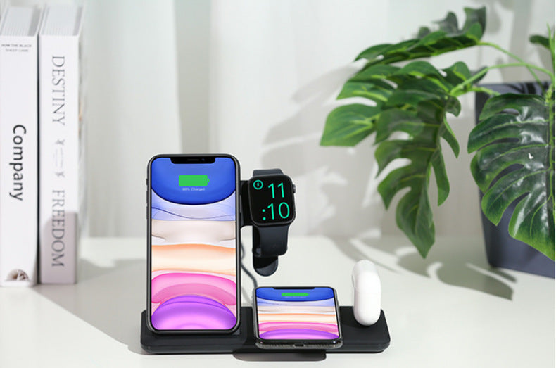 JMT-596362 3-in-1 Wireless Charger for Apple Watch, AirPods, and Smartphones – 15W Fast Charging, Dual Coil Design, Black and White