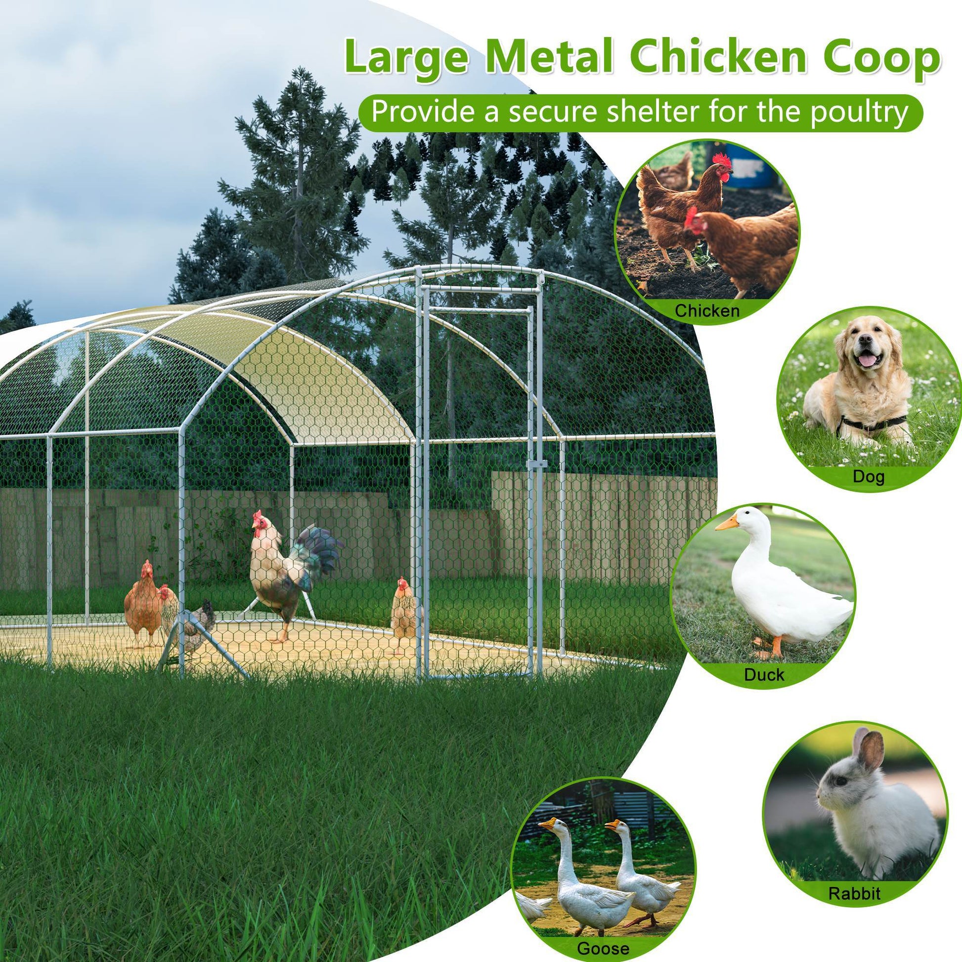 JMT-596682 Spacious Large Metal Chicken Coop with Waterproof Anti-UV Cover, Walk-In Chicken Run for Outdoor Use - 9.84 x 19.68 x 6.56 Ft