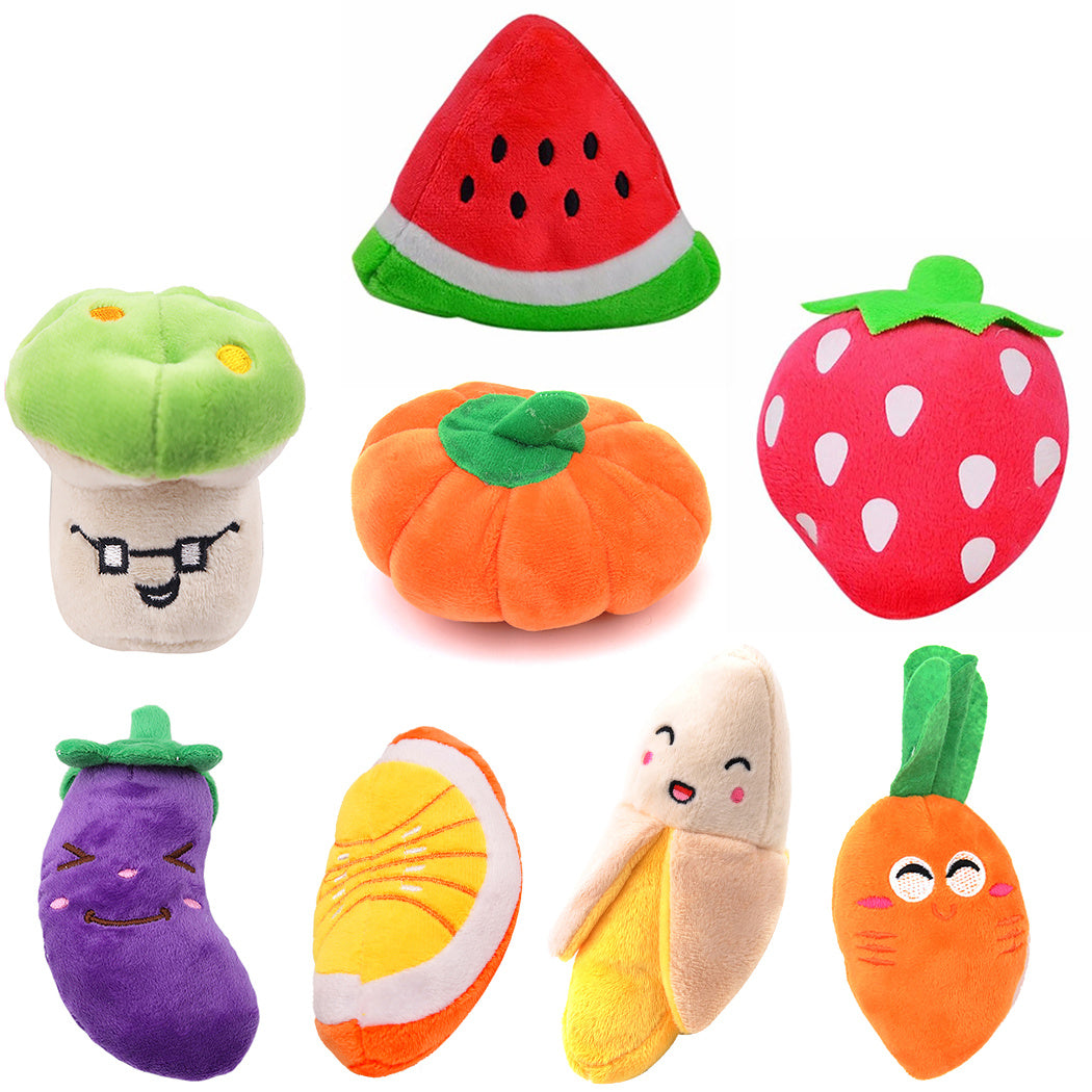 JMT-597642 Plush Interactive Fruit Chew Toys Set for Dogs and Cats - 15 Assorted Pet Plush Toys