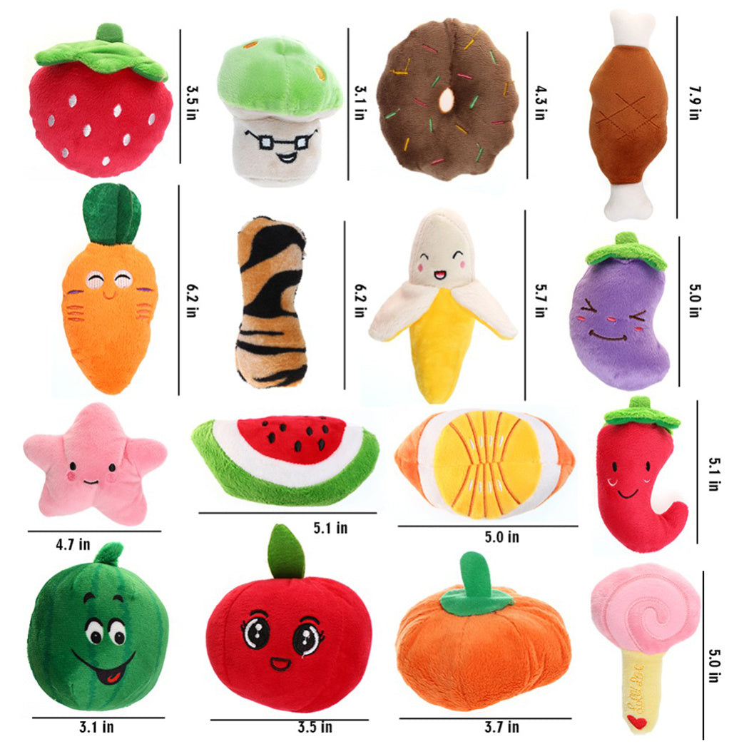JMT-597642 Plush Interactive Fruit Chew Toys Set for Dogs and Cats - 15 Assorted Pet Plush Toys