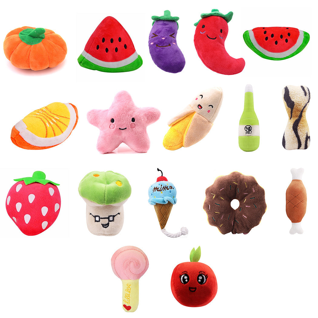 JMT-597642 Plush Interactive Fruit Chew Toys Set for Dogs and Cats - 15 Assorted Pet Plush Toys
