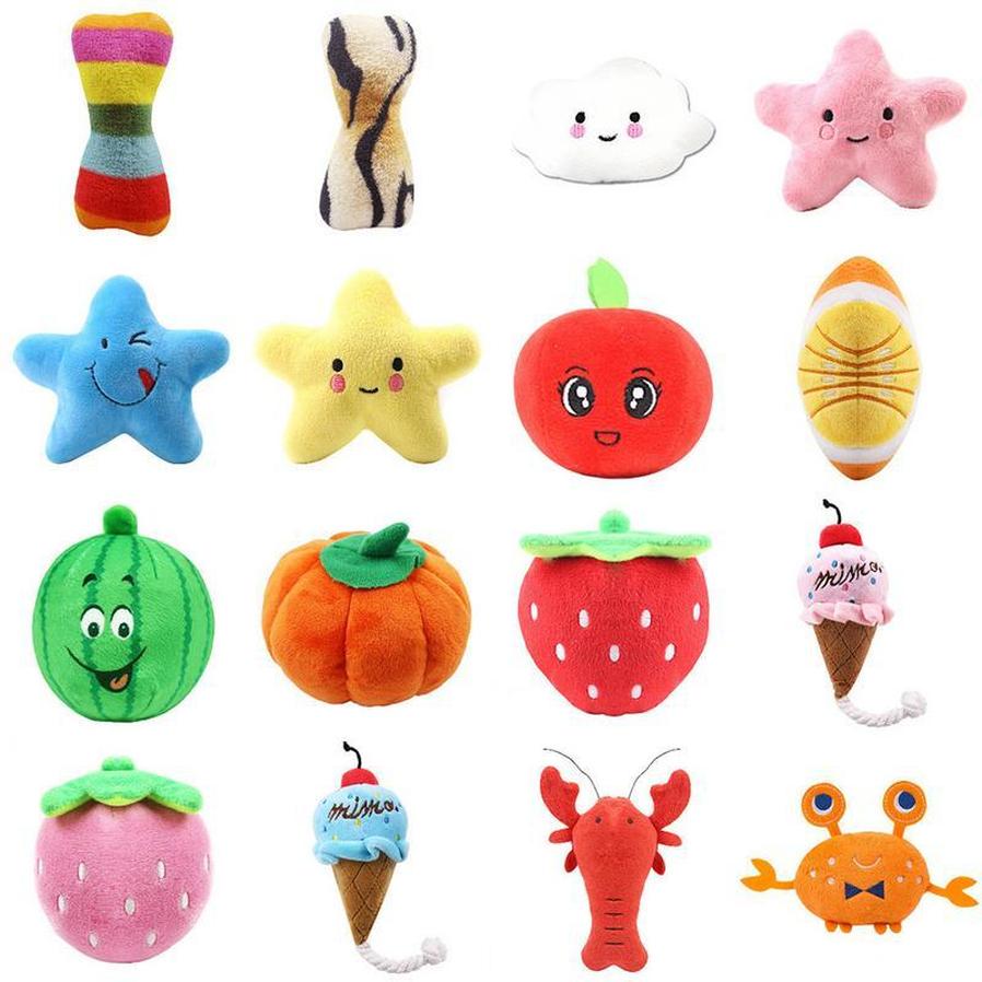 JMT-597642 Plush Interactive Fruit Chew Toys Set for Dogs and Cats - 15 Assorted Pet Plush Toys
