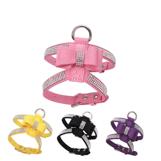 JMT-598154 Shiny Rhinestone Soft Suede Pet Chest Strap Leash - Adjustable Dog Harness in Multiple Colors