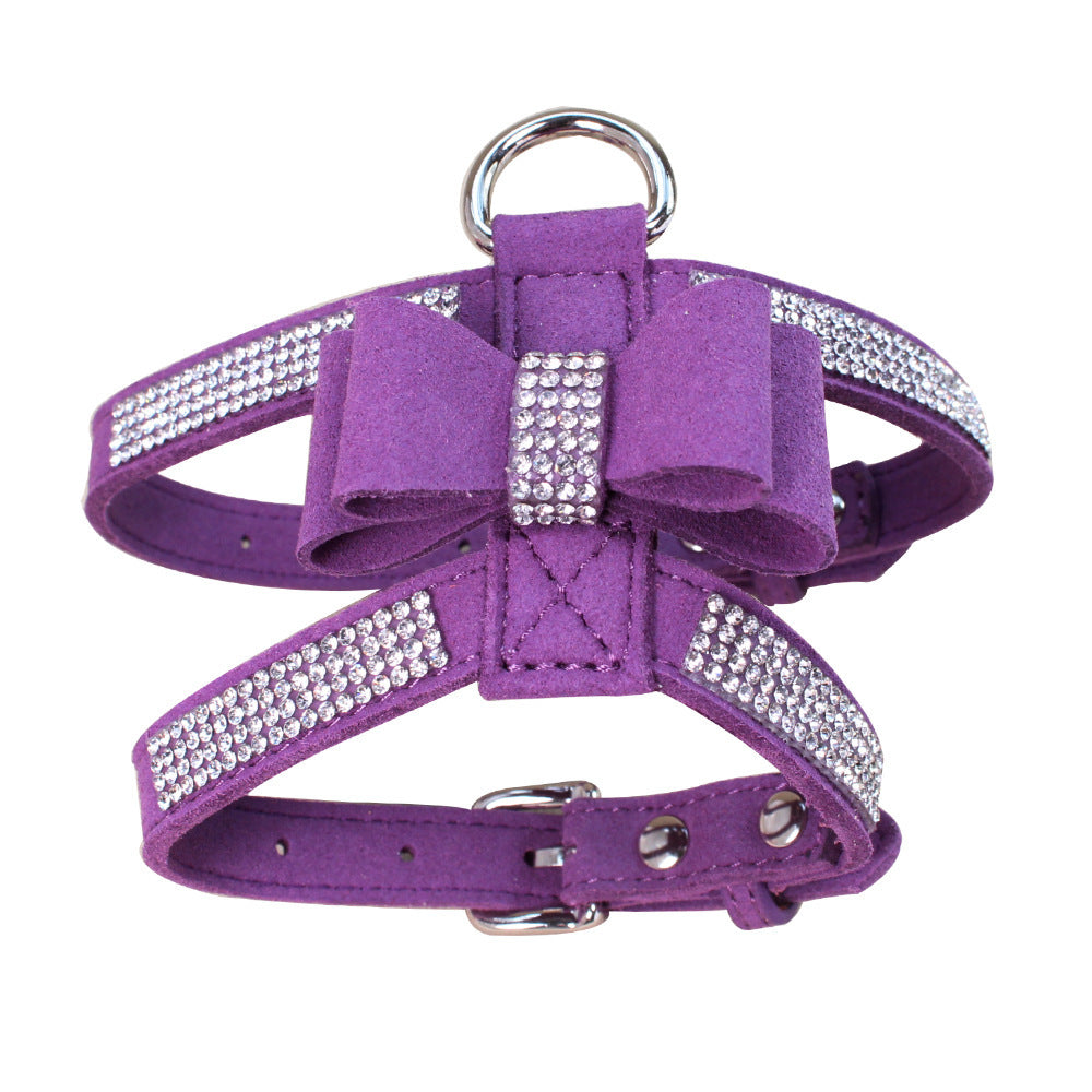 JMT-598154 Shiny Rhinestone Soft Suede Pet Chest Strap Leash - Adjustable Dog Harness in Multiple Colors