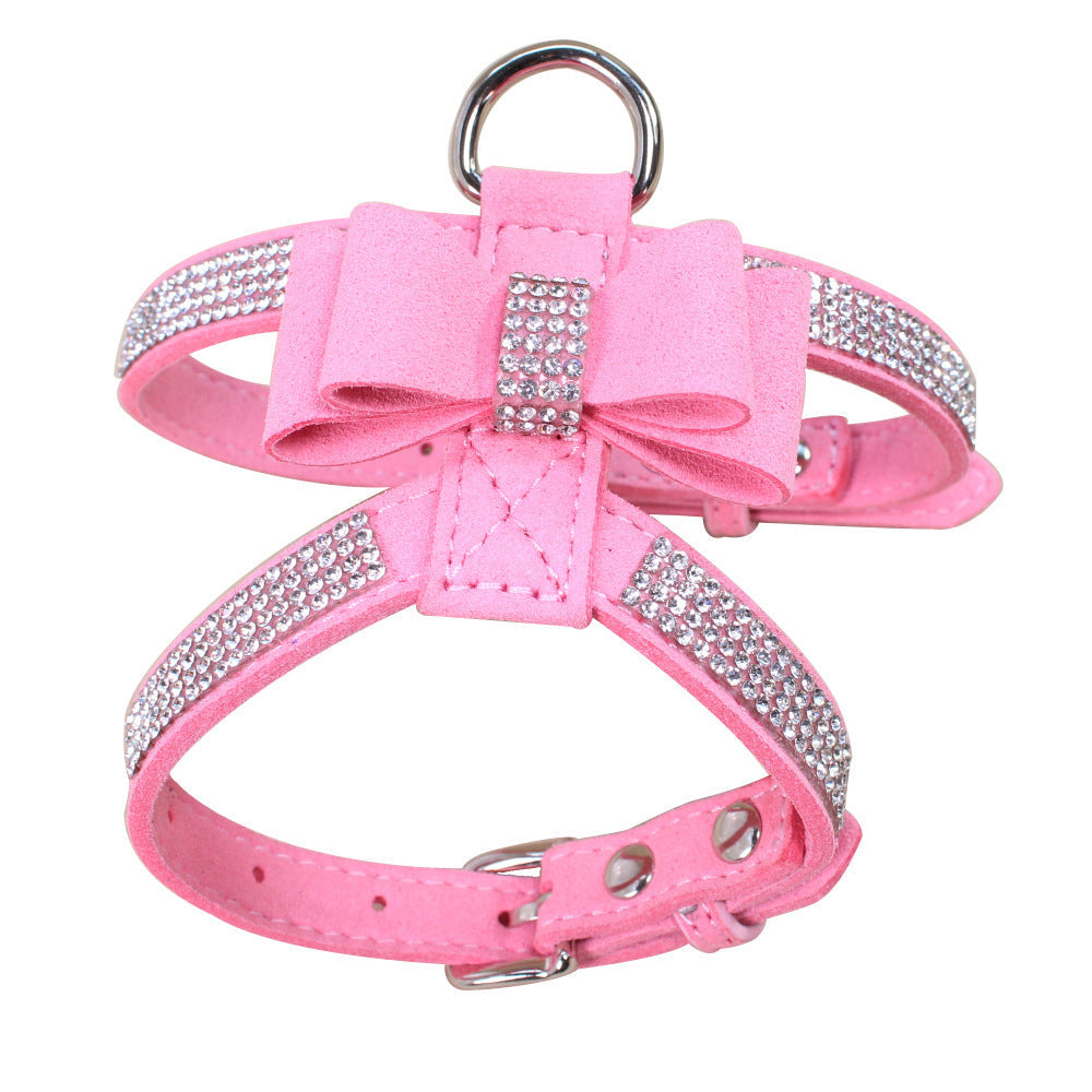 JMT-598154 Shiny Rhinestone Soft Suede Pet Chest Strap Leash - Adjustable Dog Harness in Multiple Colors