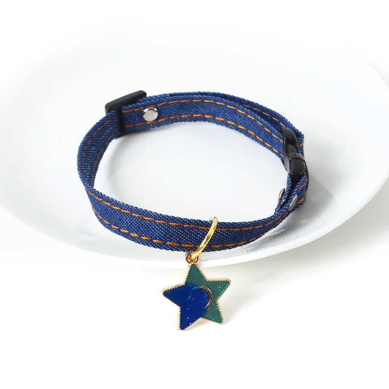 JMT-598474 Denim Pet Collar with Adjustable Chain and Five-Pointed Star Pendant