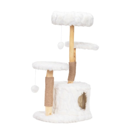 JMT-598986 Modern Cat Tower with Natural Wood Branches, Indoor Cat Condo and Playhouse in White, Comfortable Plush Beds and Scratching Posts