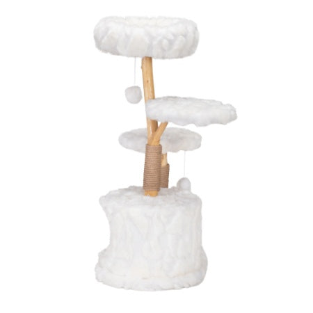 JMT-598986 Modern Cat Tower with Natural Wood Branches, Indoor Cat Condo and Playhouse in White, Comfortable Plush Beds and Scratching Posts