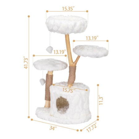 JMT-598986 Modern Cat Tower with Natural Wood Branches, Indoor Cat Condo and Playhouse in White, Comfortable Plush Beds and Scratching Posts