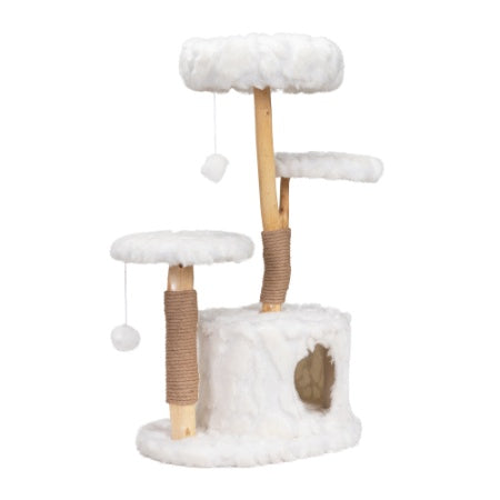 JMT-598986 Modern Cat Tower with Natural Wood Branches, Indoor Cat Condo and Playhouse in White, Comfortable Plush Beds and Scratching Posts