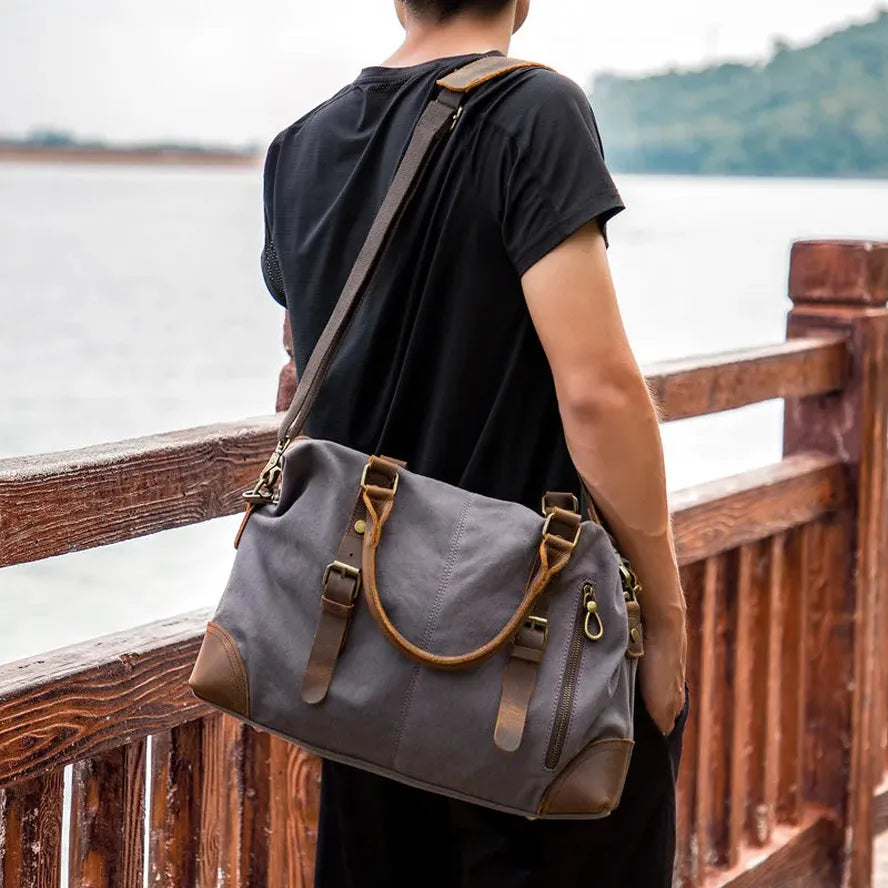 JMT-599370 Men's Casual Canvas Cross-Shoulder Bag with Cowhide Leather for Outdoor Travel and Laptop Use
