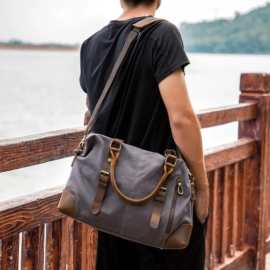 JMT-599370 Men's Casual Canvas Cross-Shoulder Bag with Cowhide Leather for Outdoor Travel and Laptop Use