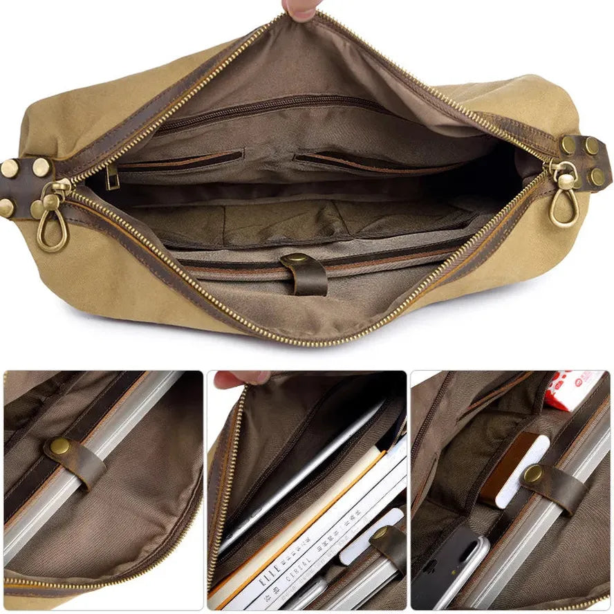 JMT-599370 Men's Casual Canvas Cross-Shoulder Bag with Cowhide Leather for Outdoor Travel and Laptop Use