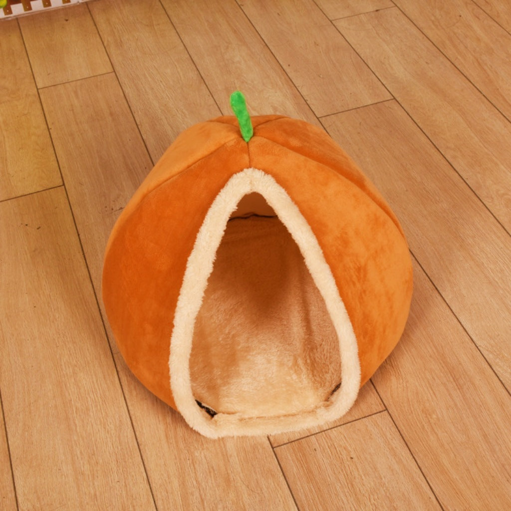 JMT-601098 Cozy Pumpkin-Shaped Semi-Enclosed Cat and Dog Bed, Plush Pet Nest for Small Pets