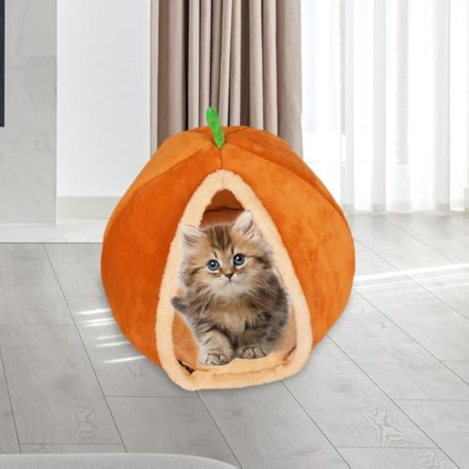 JMT-601098 Cozy Pumpkin-Shaped Semi-Enclosed Cat and Dog Bed, Plush Pet Nest for Small Pets