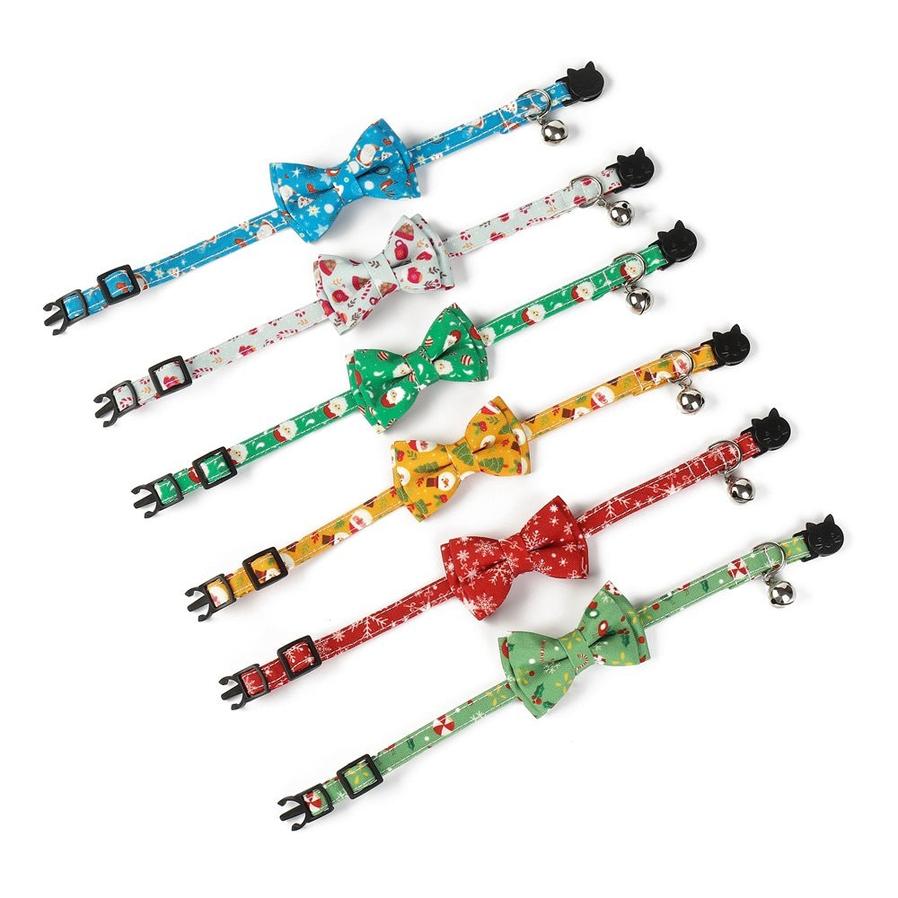 JMT-601930 Christmas-Themed Bow Tie Dog Collar for Cats - Festive Fabric Design