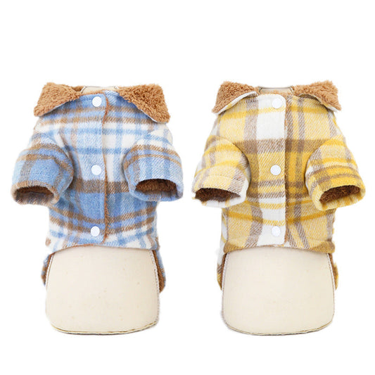 JMT-602058 Plaid Cotton Two-Leg Dog Coat in Blue and Yellow with Double-Sided Fleece Lining