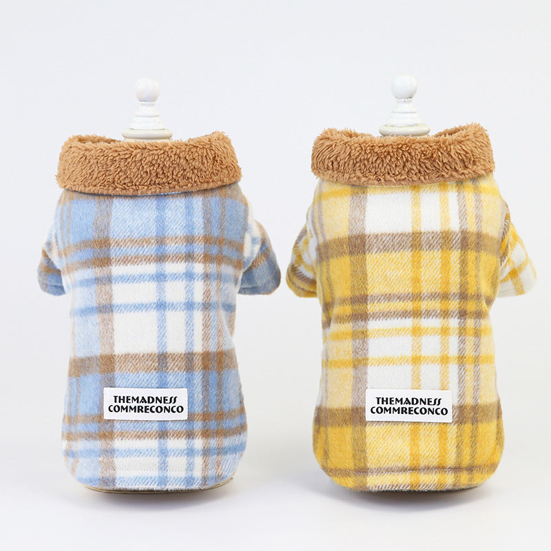 JMT-602058 Plaid Cotton Two-Leg Dog Coat in Blue and Yellow with Double-Sided Fleece Lining