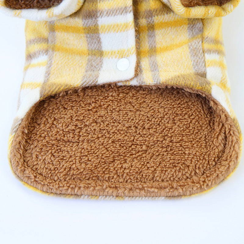 JMT-602058 Plaid Cotton Two-Leg Dog Coat in Blue and Yellow with Double-Sided Fleece Lining