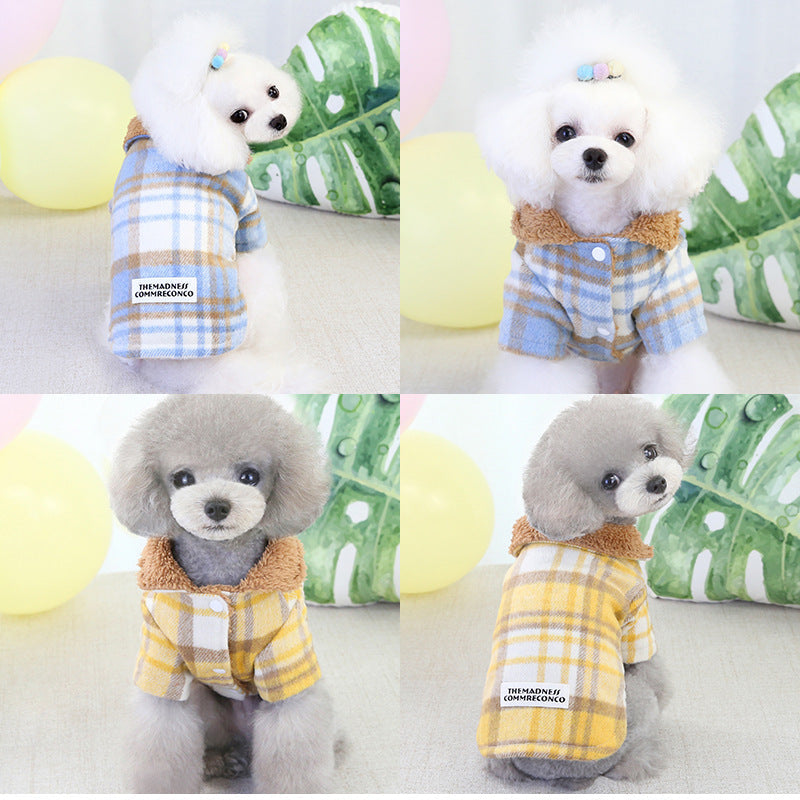 JMT-602058 Plaid Cotton Two-Leg Dog Coat in Blue and Yellow with Double-Sided Fleece Lining