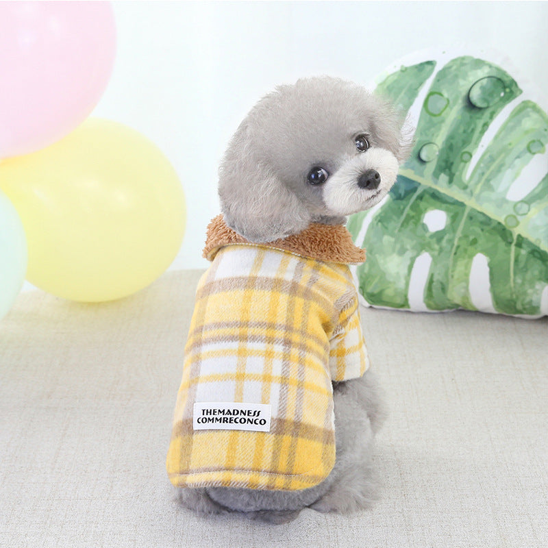 JMT-602058 Plaid Cotton Two-Leg Dog Coat in Blue and Yellow with Double-Sided Fleece Lining