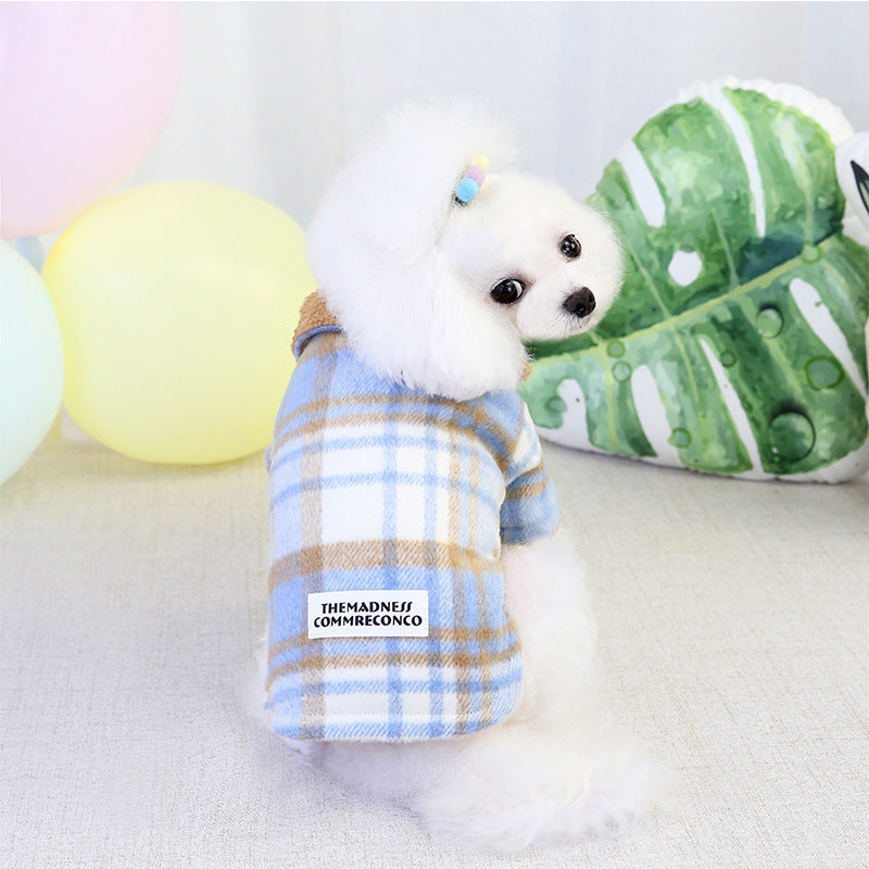 JMT-602058 Plaid Cotton Two-Leg Dog Coat in Blue and Yellow with Double-Sided Fleece Lining