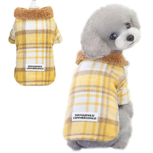 JMT-602058 Plaid Cotton Two-Leg Dog Coat in Blue and Yellow with Double-Sided Fleece Lining